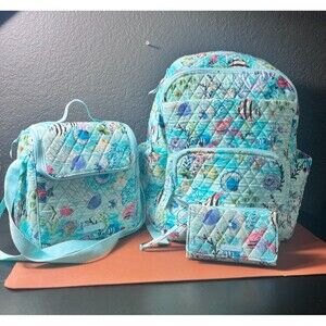 Vera Bradley Essential Large Quilted School Bag Set Antilles Treasure Blue NWT